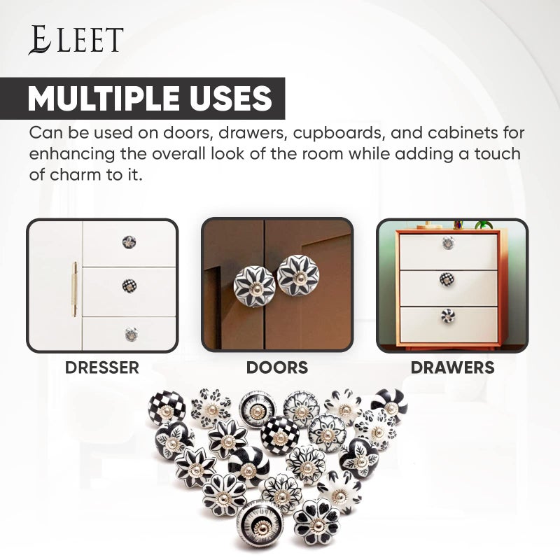 Eleet Assorted Ceramic Cabinet Knobs - Vintage Cabinet Cupboard Door & Drawer Pulls Chrome Hardware (Ceramic Knobs Set of 20, Black & White) - Image 5